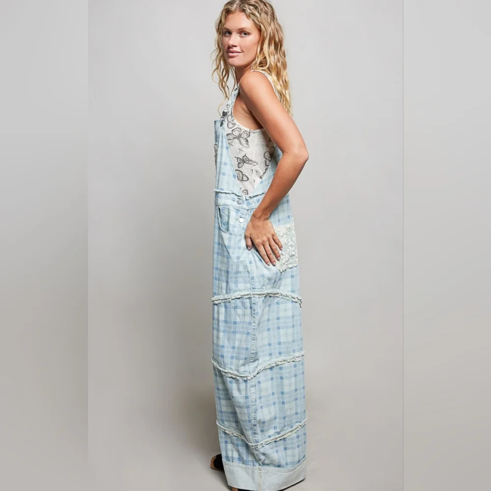 POL Light Blue Plaid Women Jeans Overalls - Picture 4 of 6